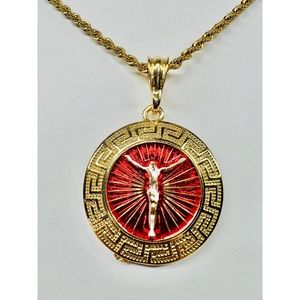 Crucifix Cross Round Pendant with 24" Rope Necklace 24K Gold Filled NEW